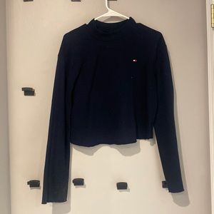 Navy Tommy Hilfiger raw hem, mock neck sweater with bell bottom sleeves.